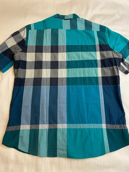 🍀Burberry Brit XL Nova Check Teal & Blue Plaid Short-Sleeve Button-Up Shirt - Picture 6 of 6